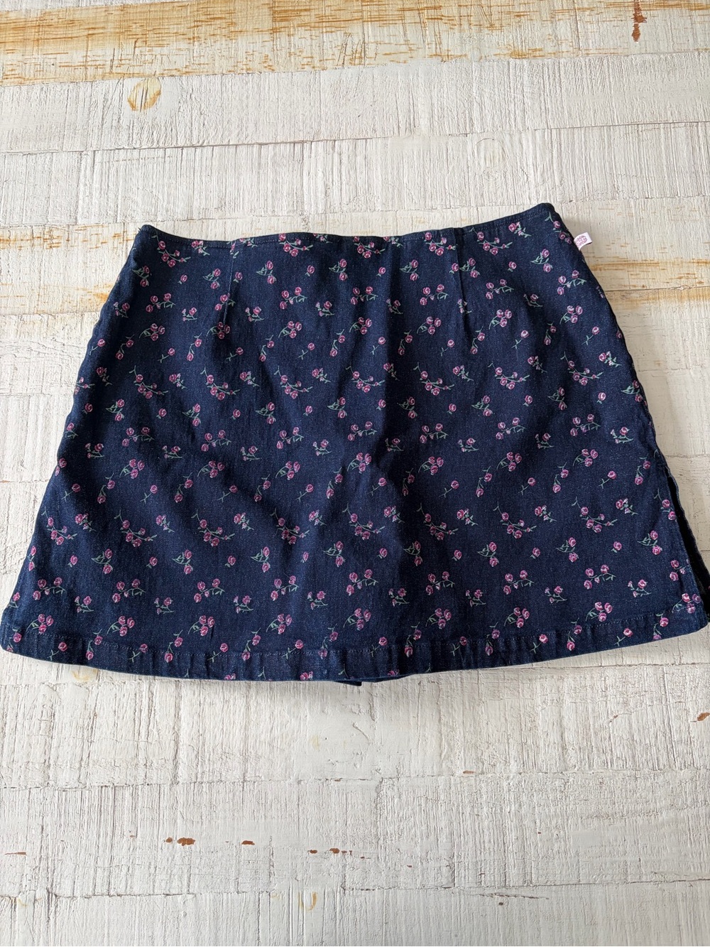 Vintage Floral Denim Skort Route 66 size 13/14 Dark Wash Stretch Pink Roses 90s